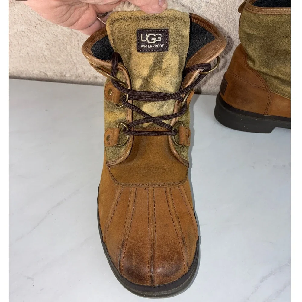 UGG Tan Leather Suede Duck Boots - 10 - Waterproof Shearling 1007999 Winter